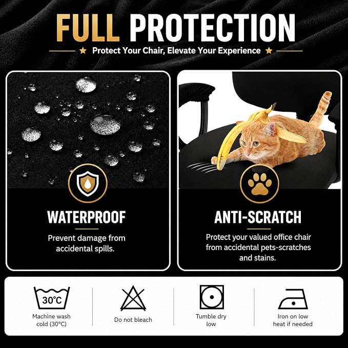 Water-resistant Stretchable Desk Office Chair Seat Covers with Armrest Covers Universal Spandex Computer Chair Slipcover - Rotating Backrest Coverings & Cushion Protectors for Pets, Black