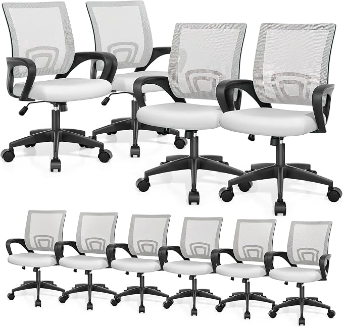 Magshion Ergonomic Office Chair 10 Pack, Mid-Back Mesh Desk Chair, Adjustable Swivel Computer Chair with Lumbar Support & Breathable Backrest for Gaming, Work, Study, 300 Lbs Capacity, White