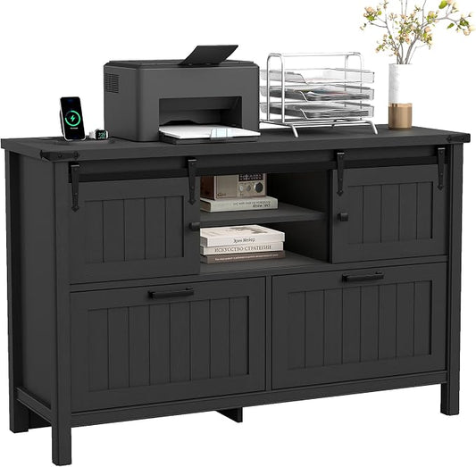 2 Drawer Lateral File Cabinet with Outlets & Charging Station for Files Letter/FC/A4, Farmhouse Filing Cabinets for Home Office Storage, Wooden Print Stand, 46.4" Wide, Black