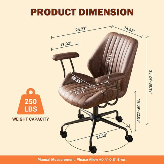 Home Office Chair,Ergonomic Computer Chair with Lumbar Support Adjustable Height,Mid-Century Modern Office Chair with Rolling Swivel Chair for Home Office Game Study(Suede Mid Back Chair,Dark Brown)