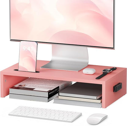 BONTEC Monitor Stand Riser with Cellphone Holder & Cable Management, 16.7 Inch Wood Monitor Riser Stand, Desktop Stand for PC/TV/Laptop/Printer, Pink