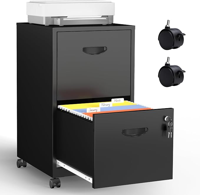 2 Drawer Mobile File Cabinet with Lock, Black Metal Filing Cabinets with Wheels, Vertical Rolling File Cabinet Fit Hanging Files, Letter and A4 Documents