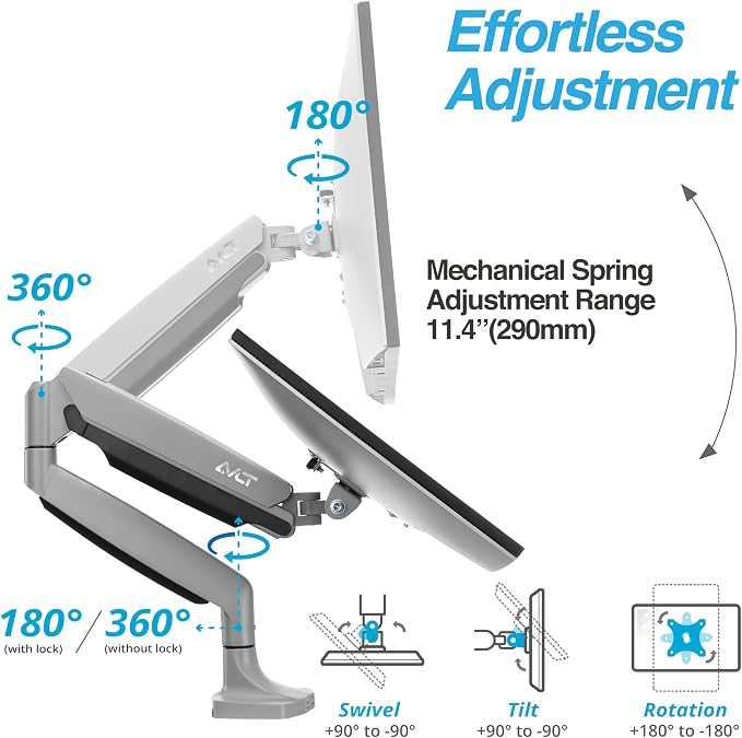 AVLT Single Monitor Arm Desk Mount for 17-45" Screens, Heavy Duty - Gray | Supports flat, curved or ultrawide screens up to 26.4 lbs. Mechanical spring, 4 VESA patterns and tool-free cable management.