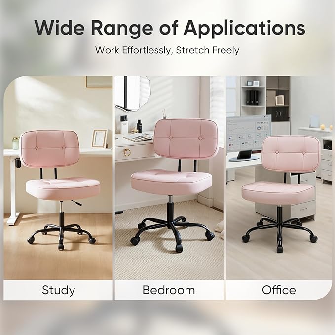 DUMOS Home Office Desk Chair - Ergonomic Armless PU Leather Computer Rolling Task Chair，with Comfy Lumbar Support and Height Adjustable, Vanity, Bedroom, Living Room, Pink