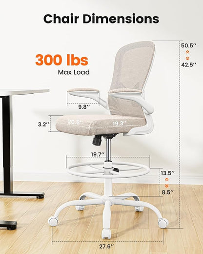 ErGear Drafting Chair,Tall Office Chair with Flip-Up Armrests, High Desk Chair Adjustable Height and Adjustable Footrest Ring, Ergonomic Standing Desk Chair with Lumbar Support, Khaki,20 Pack