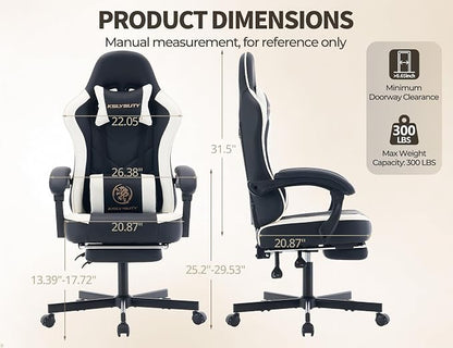 Office Desk Computer Gaming Chair for Adults, Ergonomic High Back Gamer Chair with Massage and Pocket Spring Cushion, Swivel Comfy Video Game Chairs with Footrest and Lumbar Support (Black White)