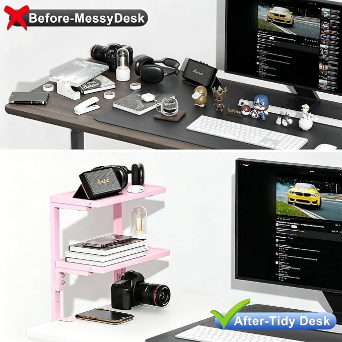 2-Tier Desk Shelf, Expandable Under Desk Storage, Clamp on Desk Shelf, Desktop Accessories for Offices, Study Rooms, and Game Rooms (Pink)