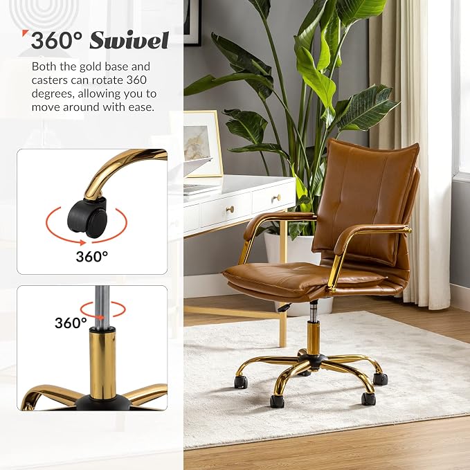 HULALA HOME Faux Leather Home Office Desk Chair, Adjustable Swivel Computer Chair with Golden Legs and Arms, Comfy Upholstered Task Chair,Camel