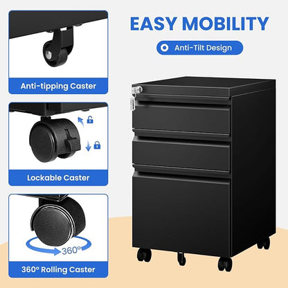 MIIIKO File Cabinet 3 Drawers on Wheels Under Desk, Black Metal Rolling File Cabinets with Lock for Home Office, Un-Assembled Filing Cabinet with Lock