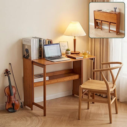 41'' Bamboo Folding Desk with Bookshelf, Space-Saving Computer Desk, Mid Century Modern Foldable Study Table for Home Office, Bedroom, Small Spaces - Brown