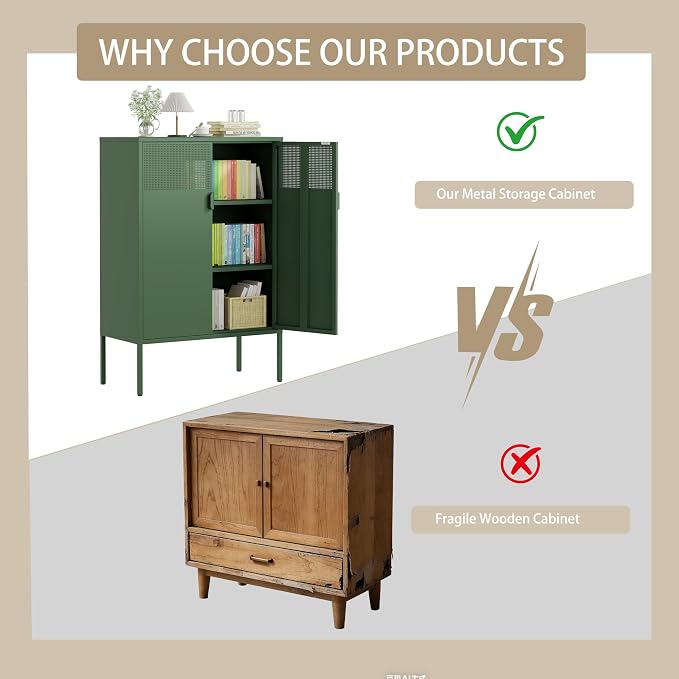 2 Mesh Door Metal Storage Cabinet with Adjustable Shelves, 3 Tier Steel Office Storage Cabinet 47''H Multipurpose Green Storage Cabinet, Metal Locker Storage Cabinet for Office, Home, Hallway