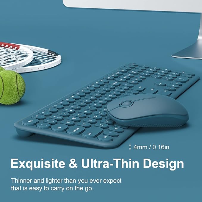 2.4GHz Full Size XTREMTEC Wireless Keyboard and Mouse Combo,Ultra Slim Silent Cute Aesthetic Retro Round Keycap Keyboard,Cordless Quiet Blue Keyboard and Mouse Wireless for Windows,Mac OS (Blue)