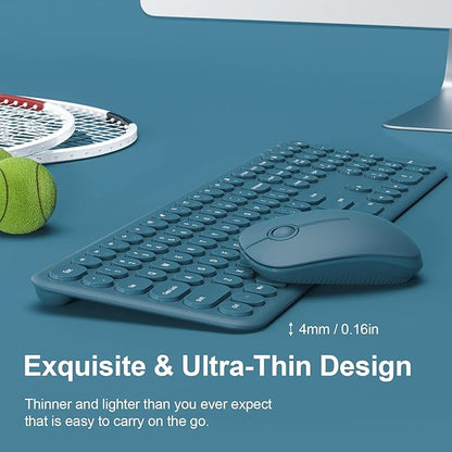 2.4GHz Full Size XTREMTEC Wireless Keyboard and Mouse Combo,Ultra Slim Silent Cute Aesthetic Retro Round Keycap Keyboard,Cordless Quiet Blue Keyboard and Mouse Wireless for Windows,Mac OS (Blue)