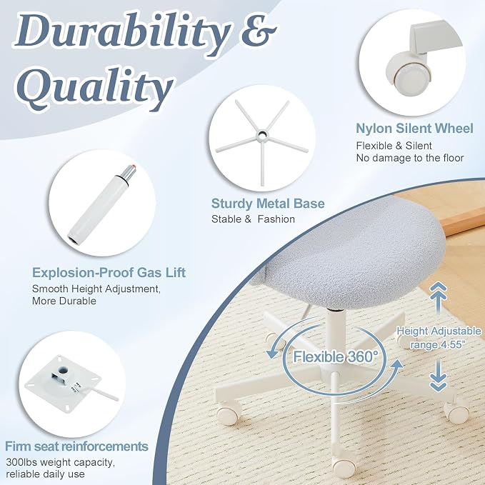 VINGLI Candy Chair Armless Cute Desk Chair,Comfy Small Office Chair with Wheels,Vanity Chair with Lumbar Support,Teddy Adjustable Rolling Swivel Computer Task Chair for Home Office,Bedroom,Poetic Blue