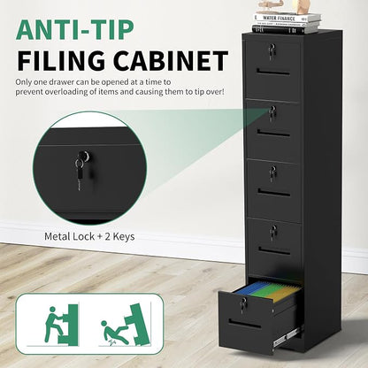 File Cabinet 5 Drawer with Lock, Vertical Filing Cabinets for Home Office, Metal Steel Storage Cabinet for Letter/Legal Size File, Assembly Required(Black)