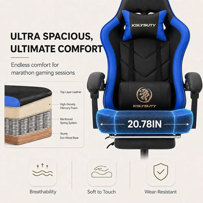 Office Desk Computer Gaming Chair for Adults, Ergonomic High Back Gamer Chair with Massage and Pocket Spring Cushion, Swivel Comfy Video Game Chairs with Footrest and Lumbar Support (Black Blue)