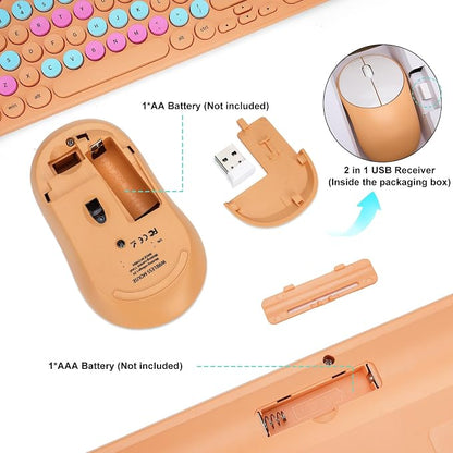 Wireless Keyboard and Mouse Combo, Retro Typewriter Keyboard with Round Keycaps, 2.4GHz USB Cute Wireless Keyboard Mouse for Computer, Desktop, Laptop and Computer (Orange Colorful)