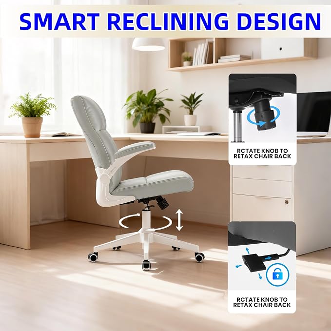 balmstar Leather Office Chair Computer Desk Chair, 360° Swivel Rolling Wheels, Adjustable Tilt Angle 90°-135° with Lumbar Support Executive Chair for Home Office with 350 LBS Capacity（Gray）