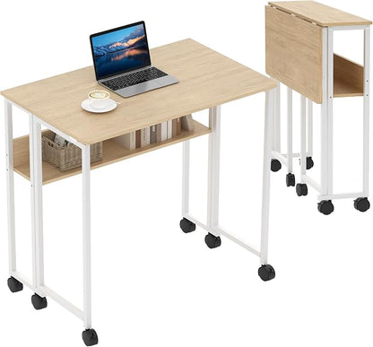 GAOMON 31.5" Folding Desk Rolling Desk with Storage Shelf,Space-Saving Foldable Computer Desk with Wheels,Portable Mobile Couch Sofa Side Table for Small Spaces, Home Office, Study, Easy Assembly,Oak