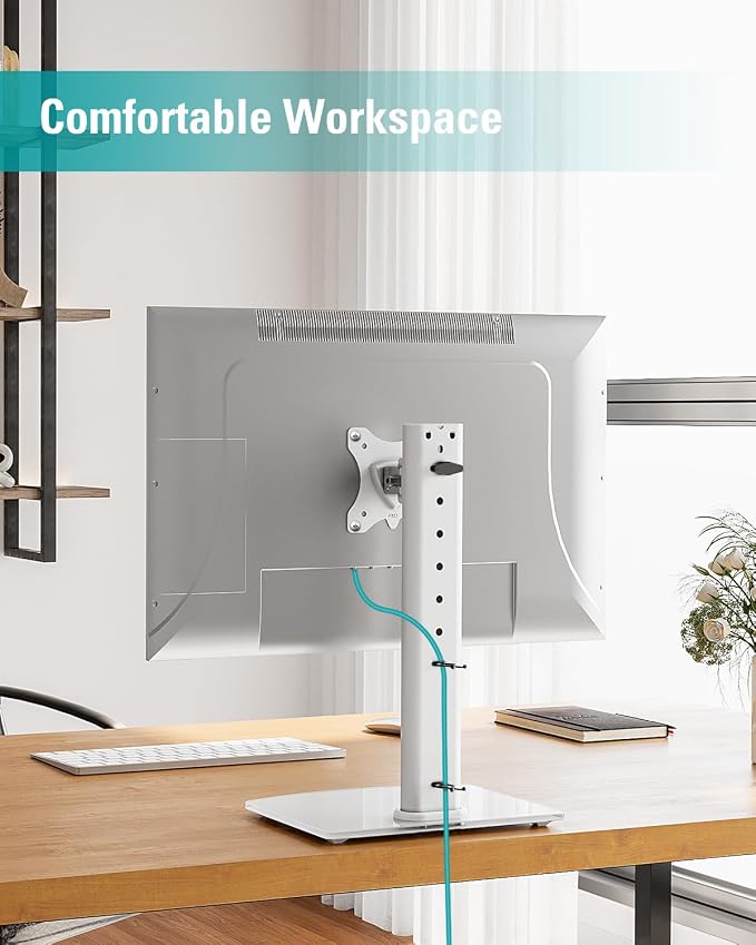 MOUNT PRO Single Monitor Stand Fits Max 32 inch Screen, Free-Standing Computer Desk Stand, Display Mount with Height Adjustable, Swivel, Tilt, Rotation, VESA Monitor Stand 100x100, White