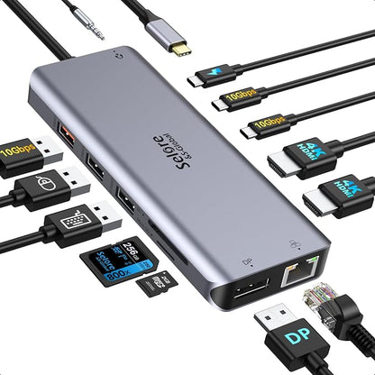 Selore USB C Docking Station Dual Monitor 13 in 1 USB-C Multiport Adapter | 2HDMI + DisplayPort, 100W PD, USB 3.0, SD/microSD, Gigabit Ethernet, 3.5mm audio, for Dell HP XPS Surface