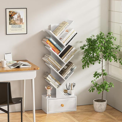 SHEEPAM 8 Tier Tree Bookshelf with Drawer, Free Standing Wood Bookcase for Living Room, Bedroom, Home Office, Space Saving Storage Organizer Bookshelves for Books, CDs, Vinyl Records- White