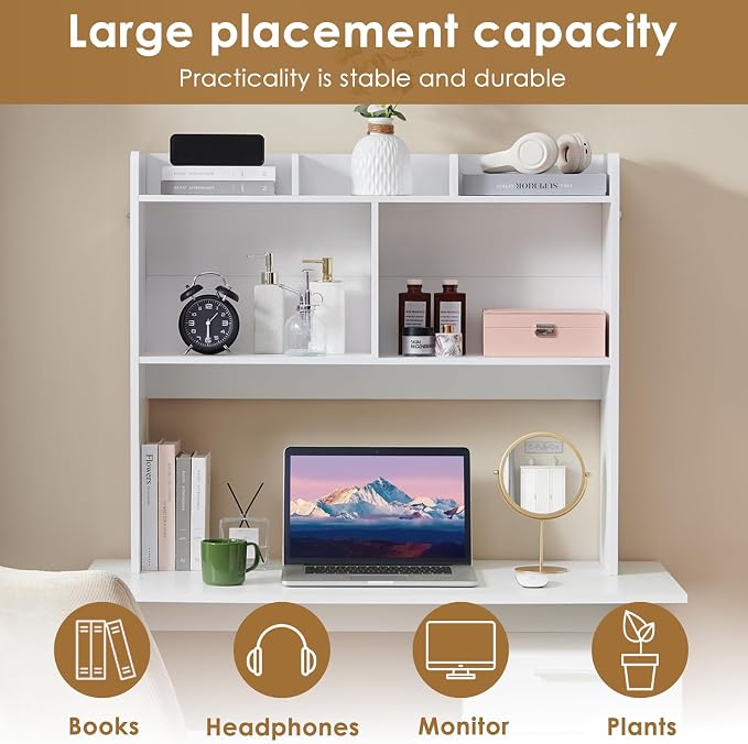 Nromant Desktop Bookshelf, Wooden Desk Storage Hutch with 5 Shelves, 3-Tier Desktop Display Organizer Rack for Office Home (White, 5 Shelves B)