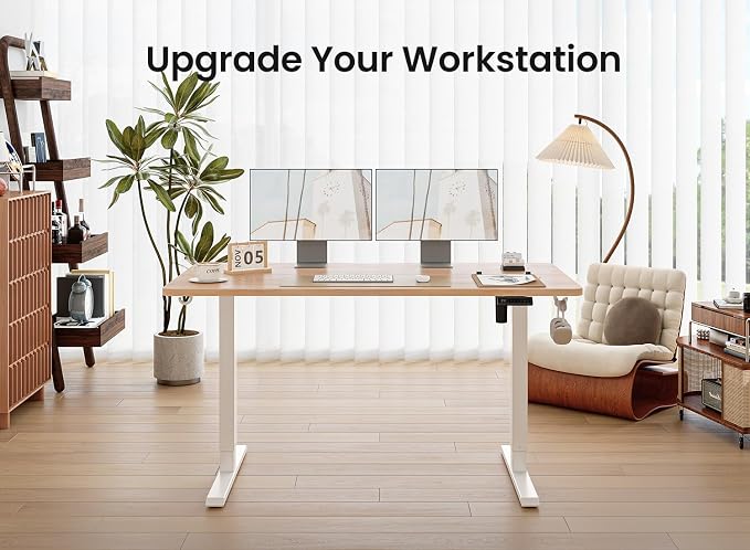 BANTI 55 × 24 Inches Standing Desk, Ergonomic, Electric Height Adjustable, Sit and Stand Up, Computer Office Desk with Splice Board, White Frame/Maple Top