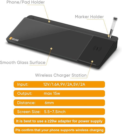 SELEAD Desktop Glass Whiteboard with Wireless Charger Station, Dry Erase Board Computer Pad Keyboard Stand with Organizer Drawer for Home, School, Office Desk Accessories, Black
