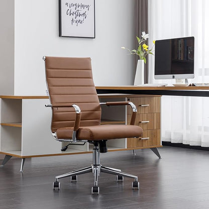Home Office Chair Ribbed, Modern Leather Conference Waiting Room Chairs,Ergonomic Office Desk Chair, High Back Executive Computer Chair, Adjustable Swivel Chair with Arms,Brown
