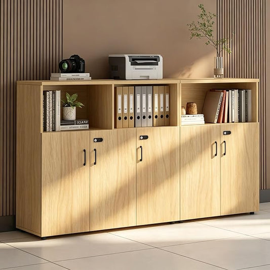 File Cabinet with Password Lock, Wood Lateral Filing Cabinet for Letter/A4 Files, 3 Drawer with Door, Printer Stand with Open Shelves for Home Office