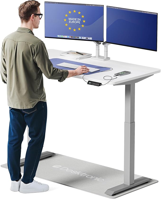 Desktronic HomeOne Standing Desk 54x28 — Ergonomic Sit Stand Home Office Desk, Made in Europe, Electric Dual Motor Height Adjustable, USB & USB-C Charging, Wobble-Free, Touchscreen, 3 Memory Presets