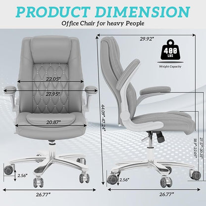 lavimiya Executive Office Chair with Rubber Wheels, Big and Tall Office Chair 400LBS, High Back Leather Computer Desk Chair with Flip-up Armrests and Lumbar Support, Grey