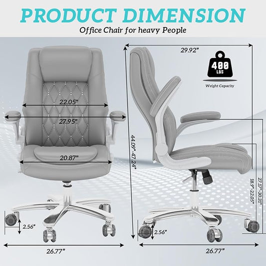 lavimiya Executive Office Chair with Rubber Wheels, Big and Tall Office Chair 400LBS, High Back Leather Computer Desk Chair with Flip-up Armrests and Lumbar Support, Grey