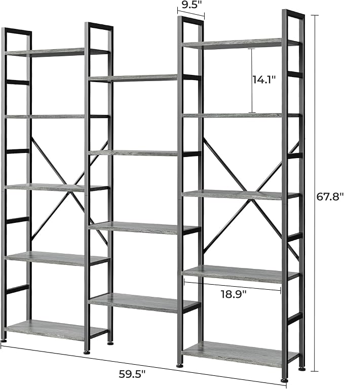 SUPERJARE Triple Bookshelf, Bookcase with 14 Open Display Shelves, Wide Book Shelf Book Case for Home & Office, 5 Tier, Grey