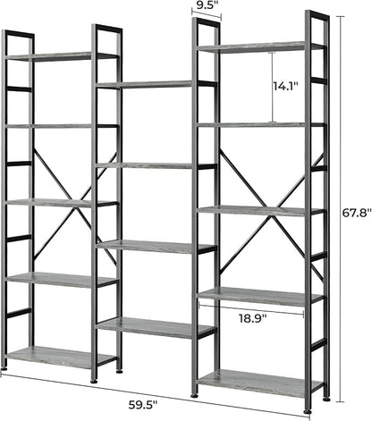 SUPERJARE Triple Bookshelf, Bookcase with 14 Open Display Shelves, Wide Book Shelf Book Case for Home & Office, 5 Tier, Grey