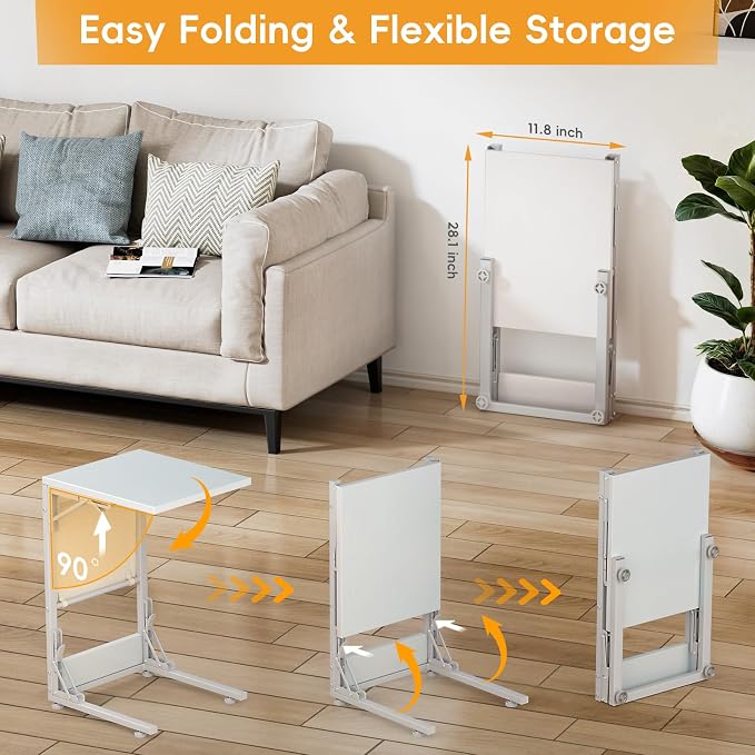 Folding TV Tray Table, Small Folding Side Table with Storage Bag, Portable C Shaped End Table for Couch Sofa Bed, White