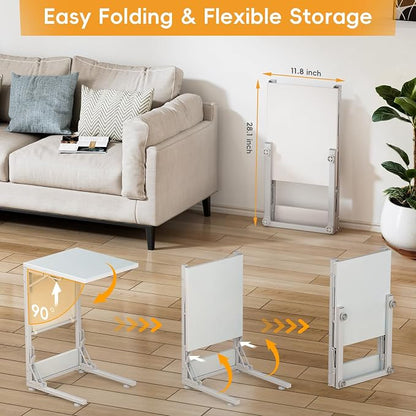 Folding TV Tray Table, Small Folding Side Table with Storage Bag, Portable C Shaped End Table for Couch Sofa Bed, White