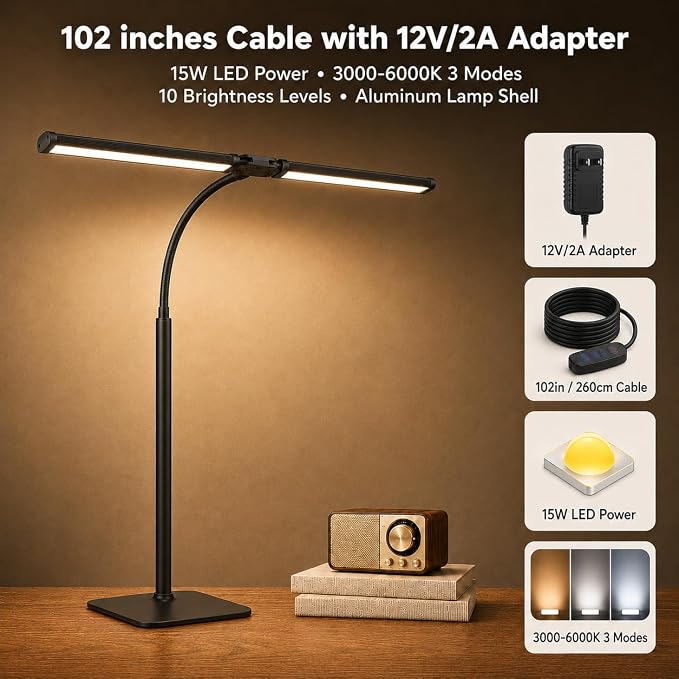 24" Double Head LED Desk Lamp, 15W Wide Architect Desk Light with Base for Home Office, 360° Flexible Gooseneck Task Lamp, 3 Color Modes, 10 Brightness Levels, Memory Function, Black