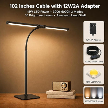 24" Double Head LED Desk Lamp, 15W Wide Architect Desk Light with Base for Home Office, 360° Flexible Gooseneck Task Lamp, 3 Color Modes, 10 Brightness Levels, Memory Function, Black