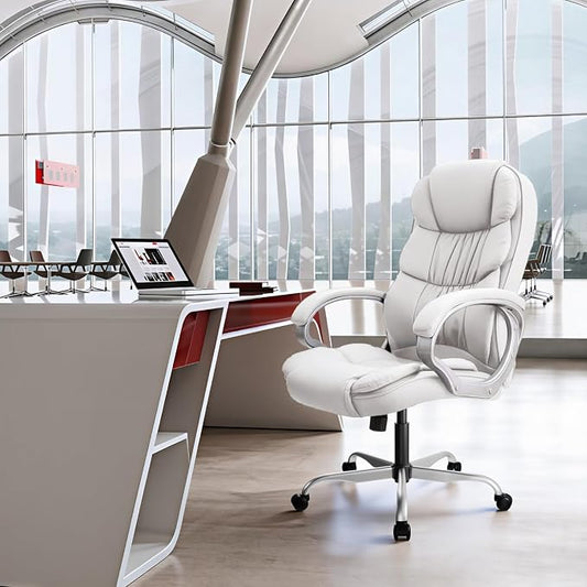 GUNJI Office Chair PU Leather High Back Executive Chair Ergonomic Computer Chair, Modern Adjustable Home Desk Chair Swivel Managerial Chair with Padded Armrests and Lumbar Support (White)