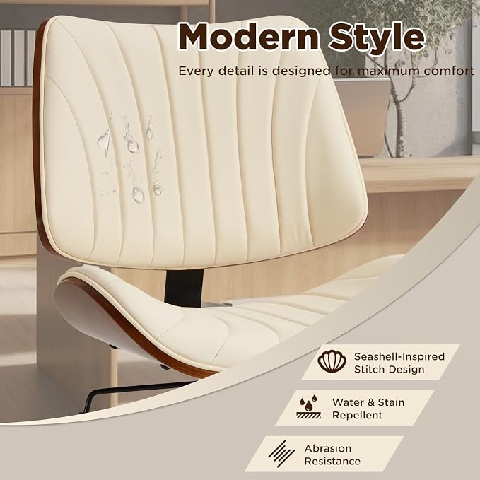 EROMMY Armless Office Desk Chair,Wooden Back Small Office Desk Chair No Arms Adjustable Height Modern Armless Chairs with Swivel Wheels for Small Spaces, Beige