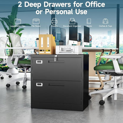 MIIIKO Lateral 2 Drawer File Cabinet, Black Metal Filing Cabinet with Lock, Drawer Storage File Cabinets for Home Office,Hanging Files Folders Letter/Legal/A4 Size