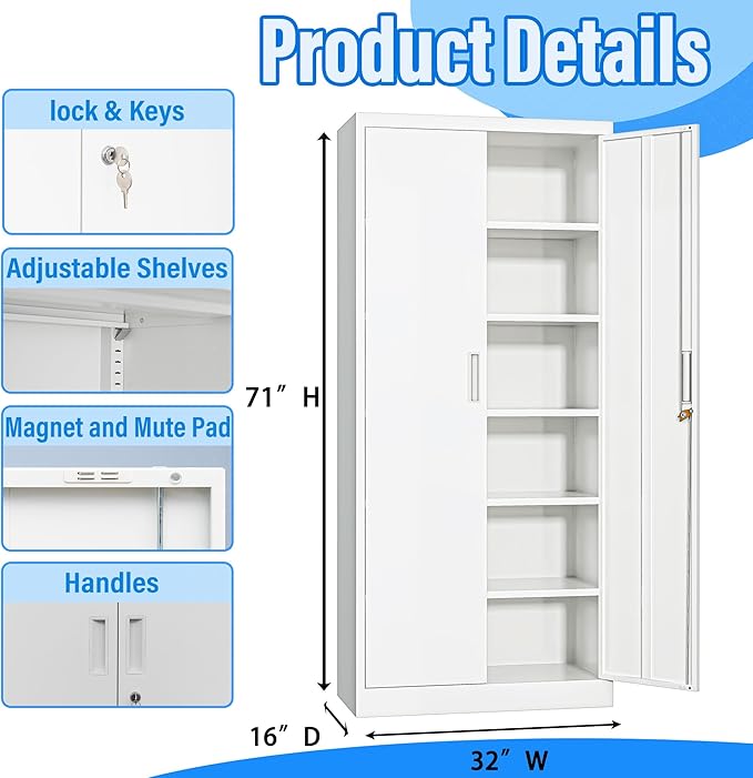 BESFUR Metal Storage Cabinets with Locking Doors and Adjustable Shelves, 71" H Steel Storage Cabinet for Garage, Office, Classroom - White