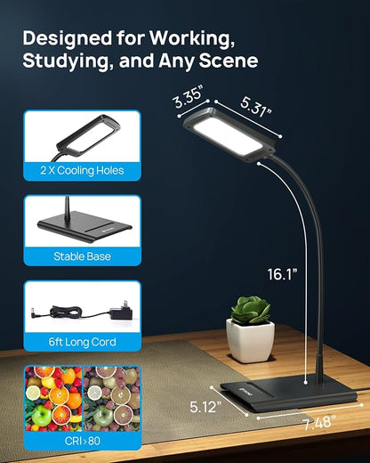 TROND Desk Lamp, Bright Dimmable Eye-Caring Table Lamp, 3 Color Modes 7 Brightness Levels, Flexible Gooseneck, Touch Control, Memory Function, Desk Light for Home Office Dorm Room Essentials, Black