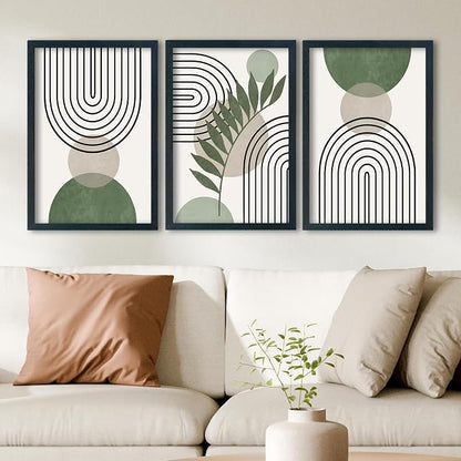 SRSZHIYUE Sage Green Boho Wall Art 24"×16" Set of 3 Geometric Line Leaf Sun Moon Sign for Master Bedroom Office Wall Hanging Decor (Black)