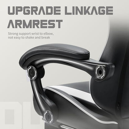 NEWBULIG Gaming Chair with Footrest – Ergonomic High-Back with Lumbar & Headrest Support, Comfy PU Leather Recliner with Linkage Armrests, Adjustable Height, 360° Swivel, White