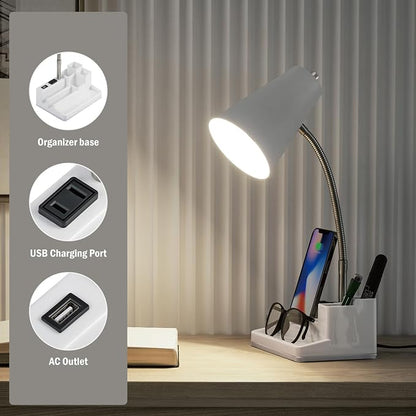 E26 Desk Lamp with 1 USB Charging Port and 1 AC Outlet, Organizer Base, Adjustable Neck, On/Off Switch, Modern Table Lamp for Reading, Working, Studying (White)