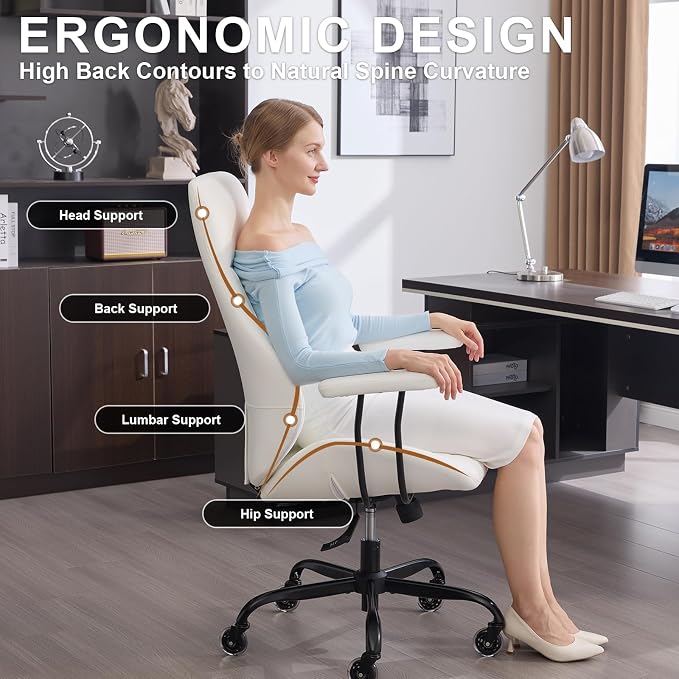 Office Chair with Rubber Wheels, Ergonomic Computer Chair 500 lbs, Leather Desk Chair with Lumbar Support, Executive Chair Adjustable Height & Recline, White | Ergonomic, Lumbar Support, 360° Swivel & Rolling Wheels, Adjustable Height, for Adults & Women