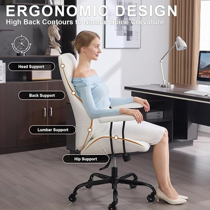 Office Chair with Rubber Wheels, Ergonomic Computer Chair 500 lbs, Leather Desk Chair with Lumbar Support, Executive Chair Adjustable Height & Recline, White | Ergonomic, Lumbar Support, 360° Swivel & Rolling Wheels, Adjustable Height, for Adults & Women